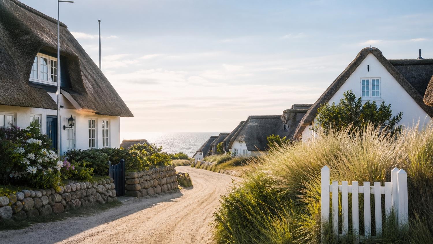 Reetdachzeile mit Blick aufs Meer