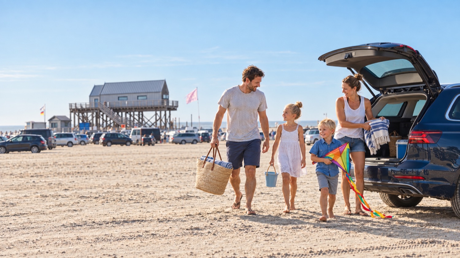 Familie am Strand von Ording, dahinter ein Pfahlbau