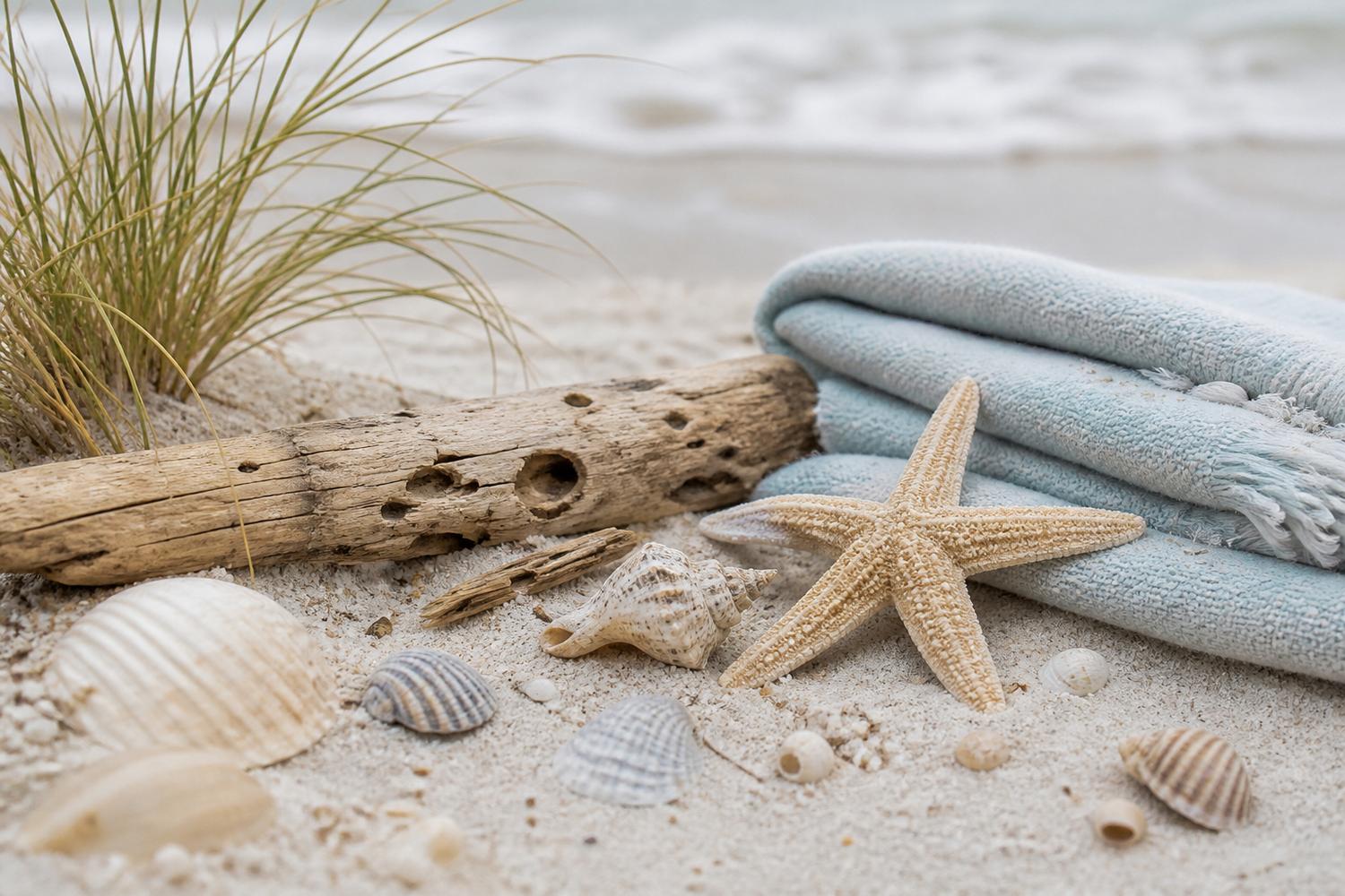 Treibholz, Muscheln und ein Seestern am Spülsaum