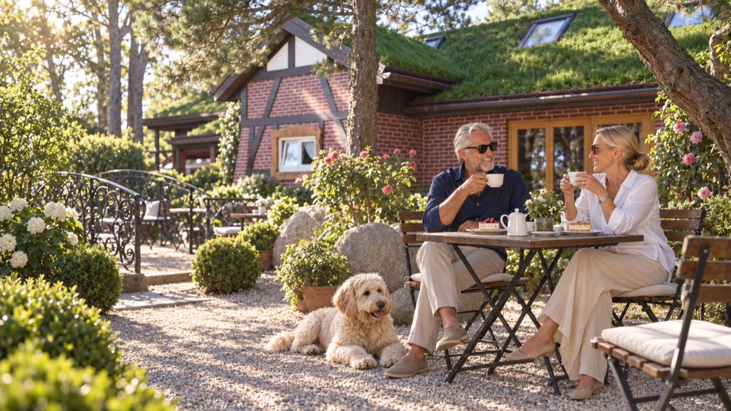 Feriengäste mit Hund beim Kaffee im Garten