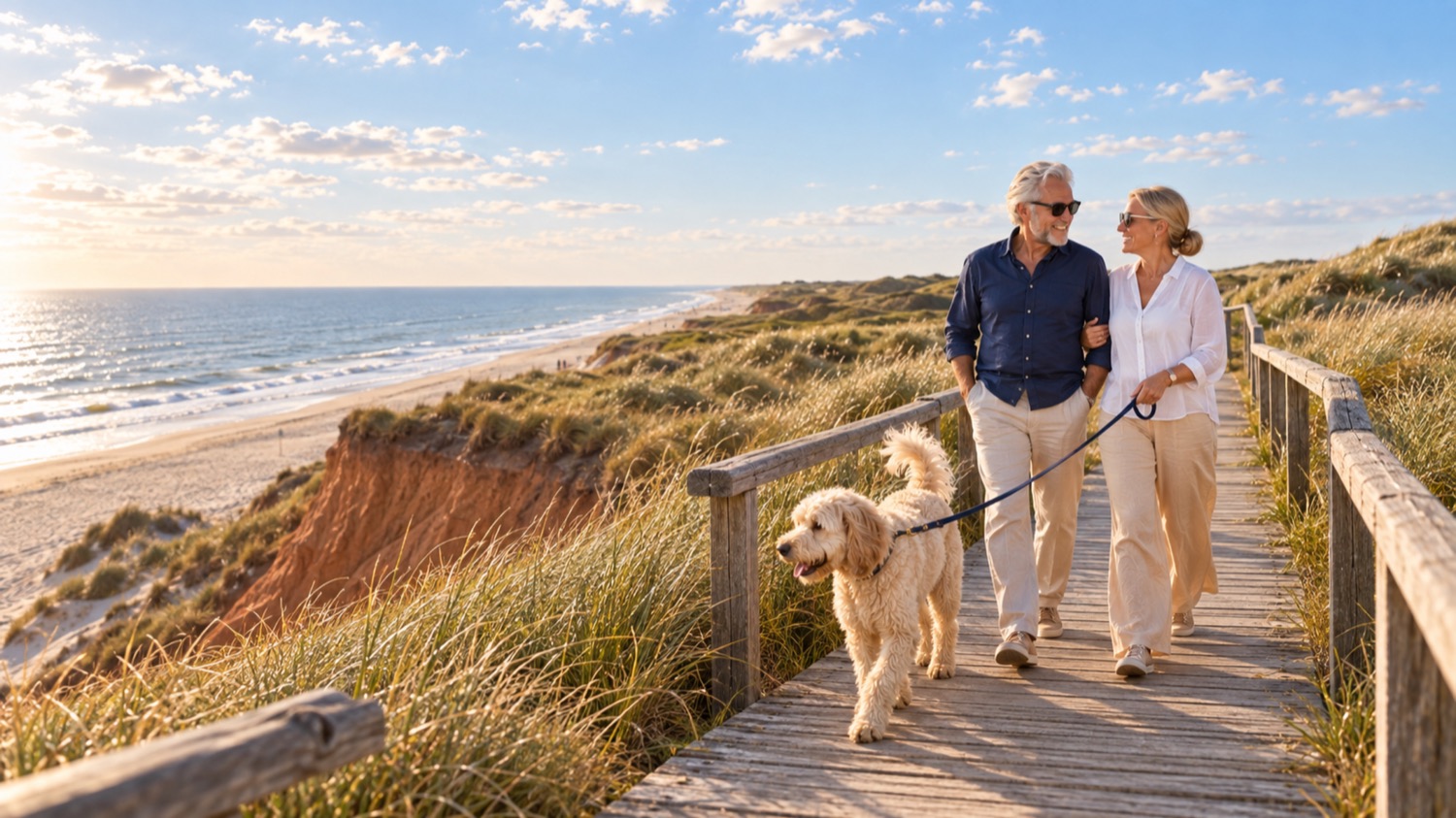 Paar mit Goldendoodle auf dem Weg über dem Roten Kliff bei Kampen
